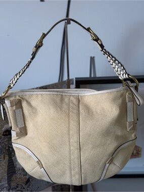 Coach Straw & White Leather Shoulder Bag Woven Tote Summer Purse